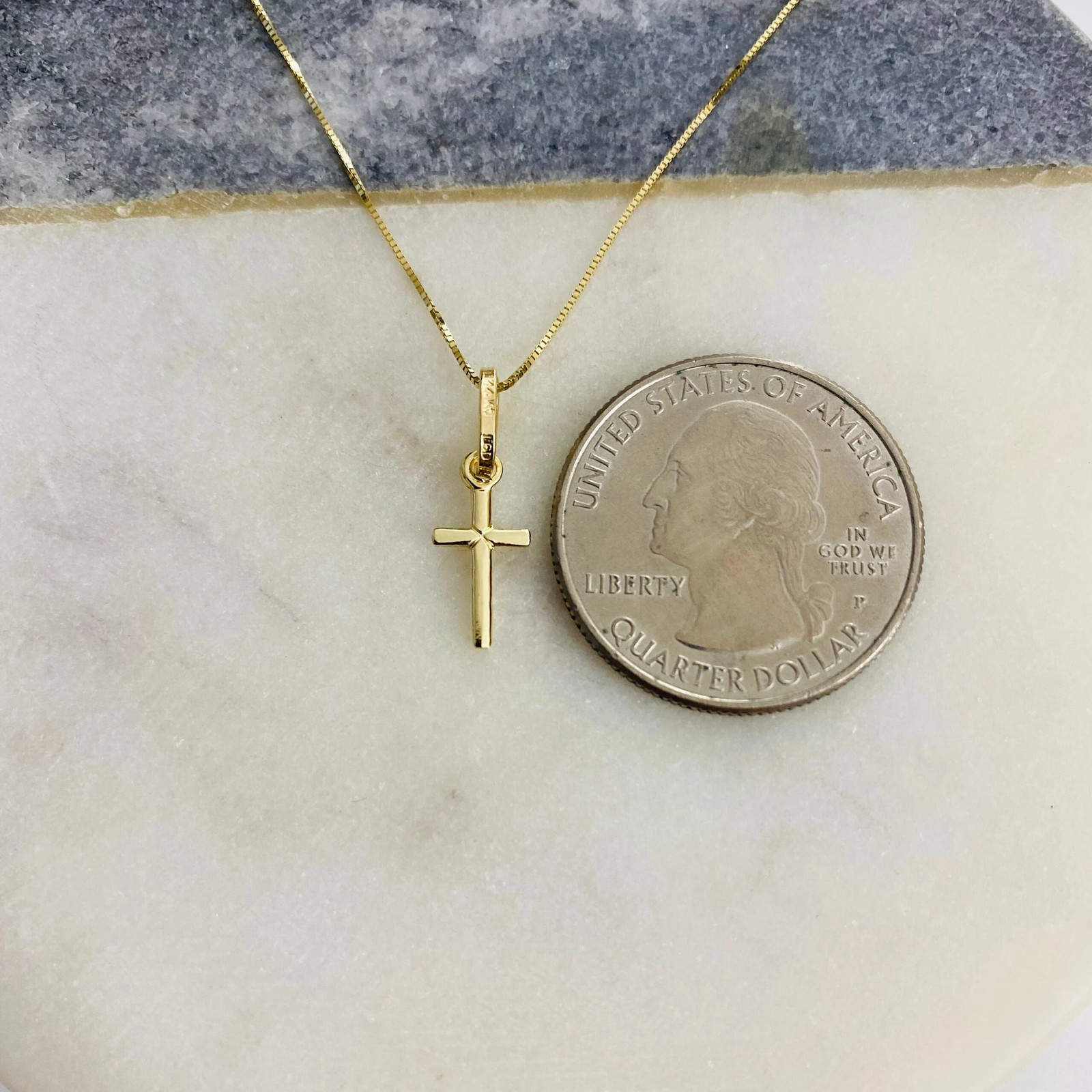 14k Solid Gold 0.7″ Cross Pendant – 14kt 0.5mm Box Chain 16”- 18”- 20″ – PT143