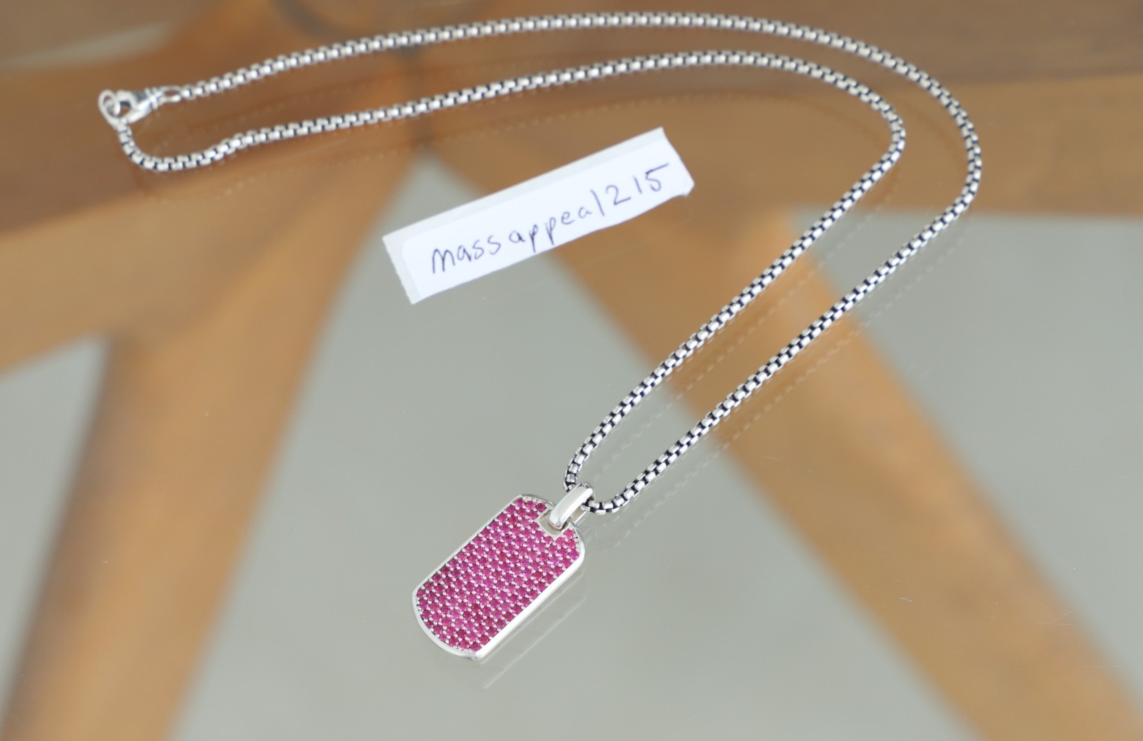 David Yurman Chevron 35mm Sterling Silver & Ruby Pave Dog Tag with Box Chain
