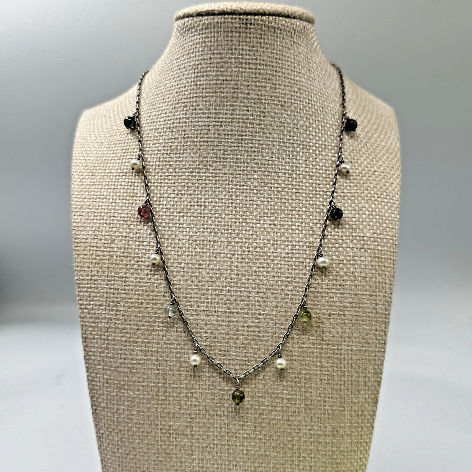 Sterling Silver Mixed Gemstone Pearl Station Necklace Dangling Multicolor Beads