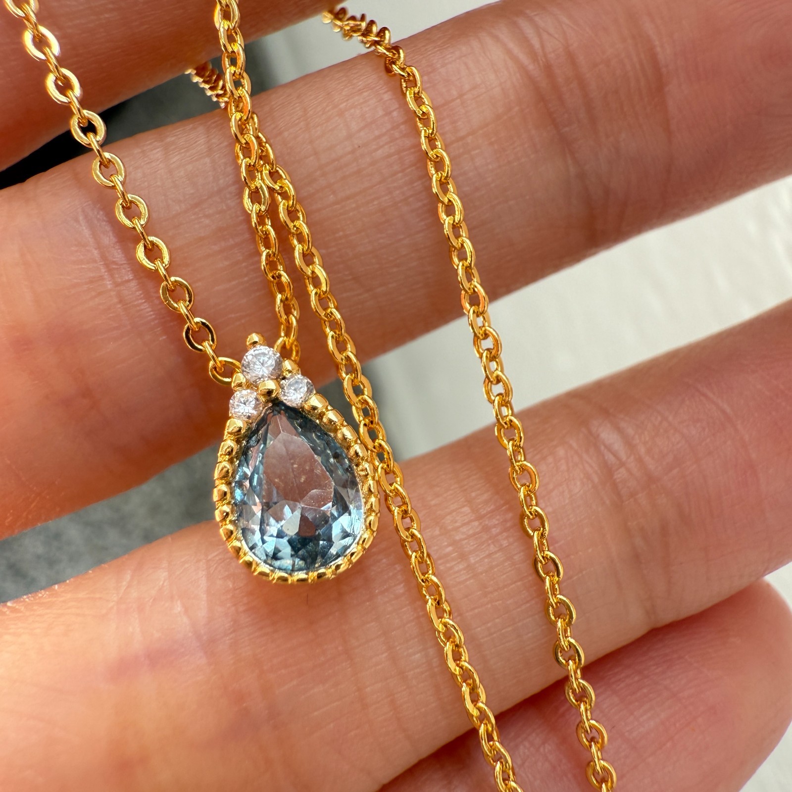 925 Sterling Silver Necklace 8x6mm Natural Aquamarine Zircon 14K Gold Plated NEW