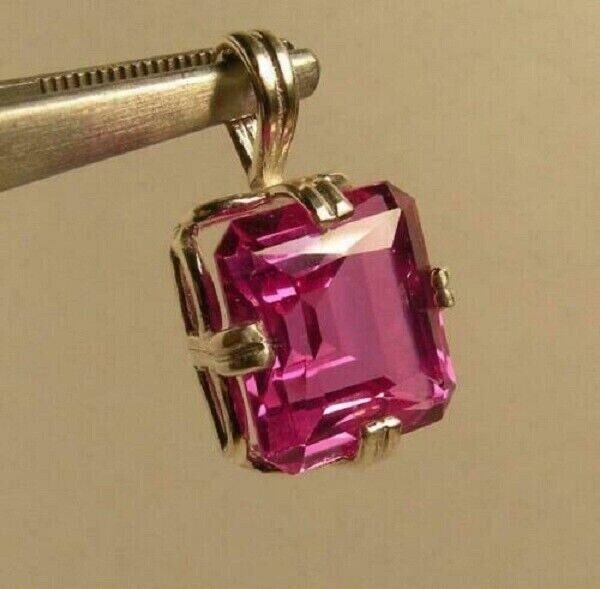 4Ct Princess Cut Pink Sapphire Solitaire Pendant 14K Yellow Gold Over