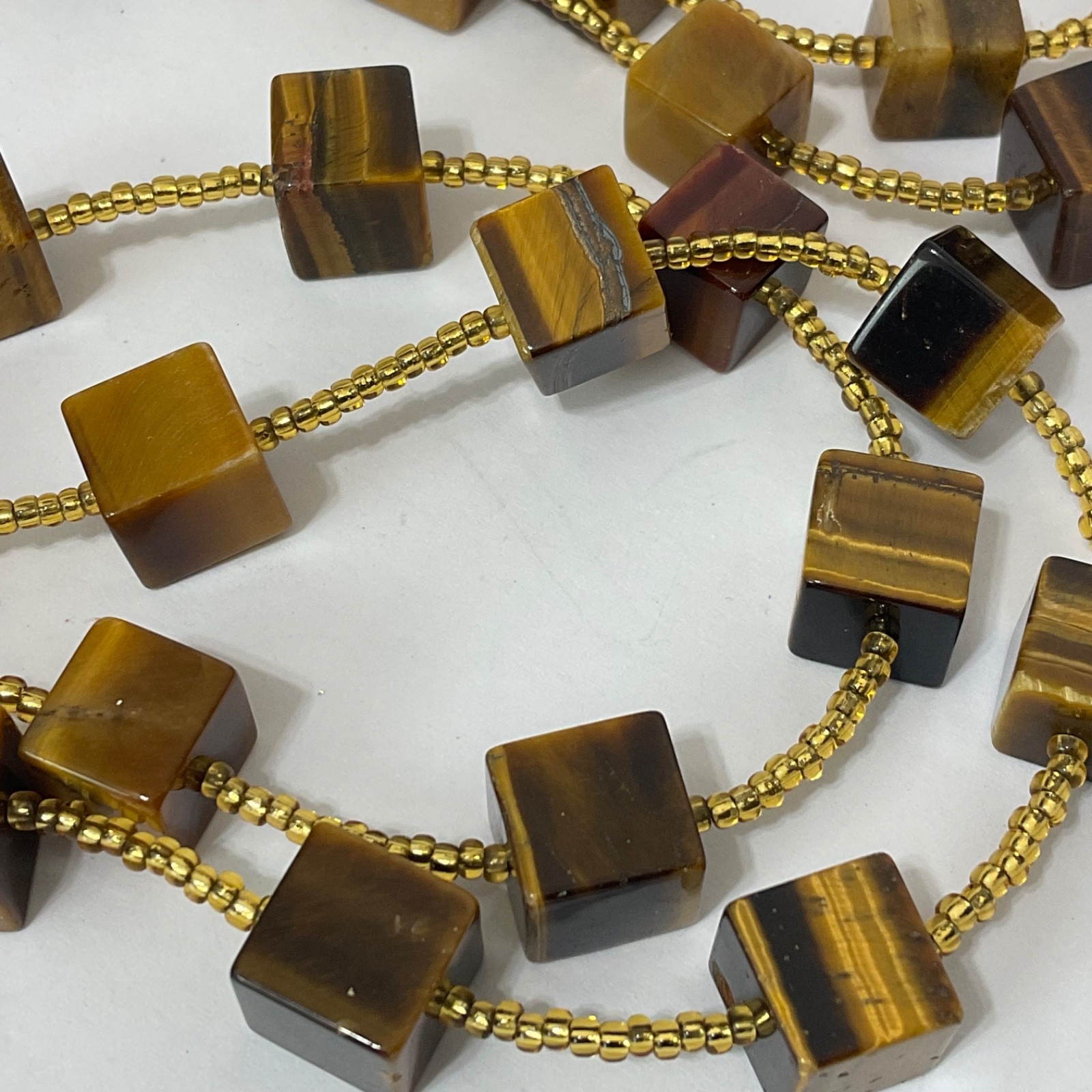 Genuine Tiger’s Eye Cube & Golden Bead Necklace Sterling Silver Toggle 64″ Long