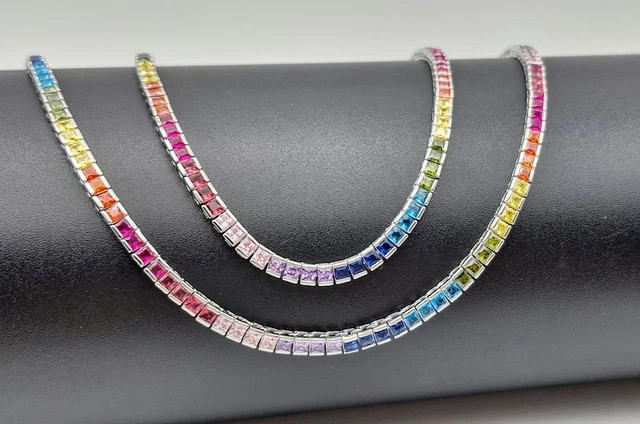 20Ct Princess Cut Lab Created Rainbow 18” Tennis Necklace 14K White Gold Plated