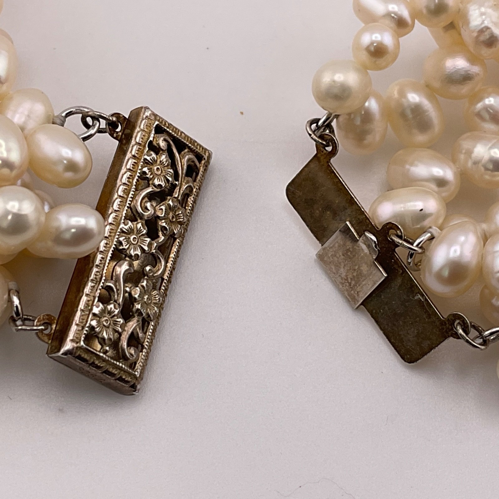 Vtg Freshwater Pearl Multi Strand Necklace 925 Gold Vermeil Filigree Clasp 18.5”