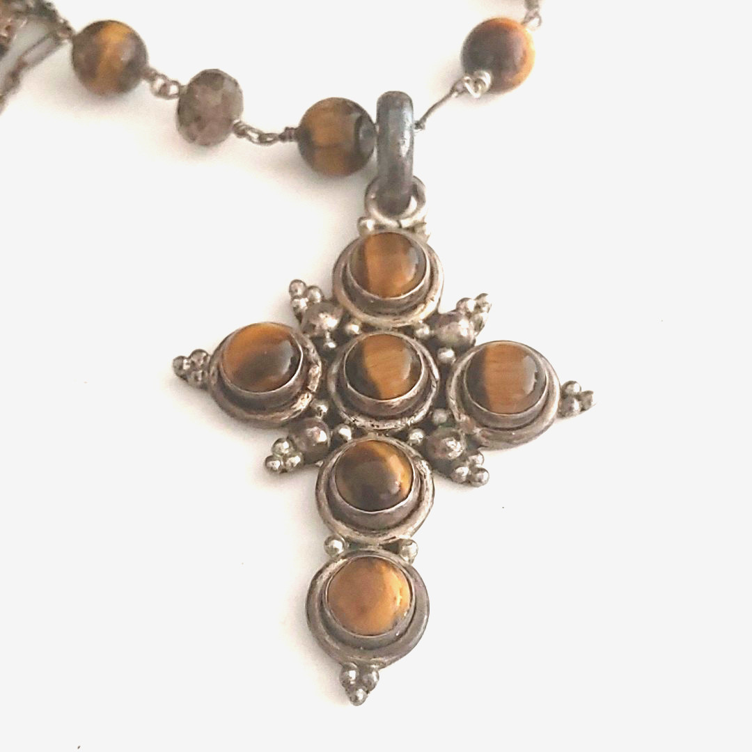 Sterling Silver Tiger’s Eye CROSS Pendant Necklace Rosary Style Chain Signed 32”