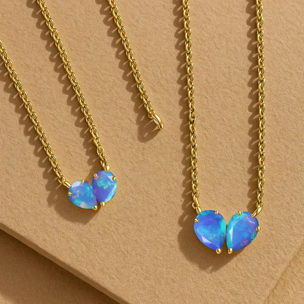 Natural Blue Opal Dual Pear Gemstone Necklace, Multifire Opal Gold Chain Pendant