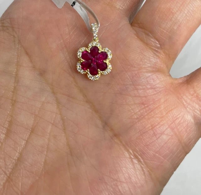 1.10Ct Pear Cut Lab-Created Ruby Flower Pendant 14K Yellow Gold Plated 18″ Chain