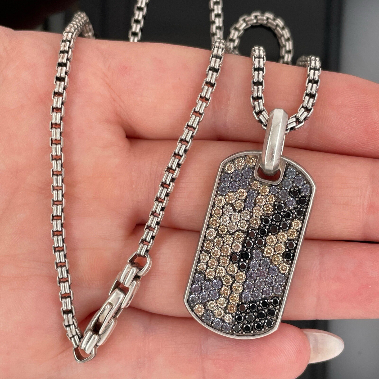 David Yurman Silver Diamonds & Garnets Chevron Tag Pendant Necklace $5000 Retail