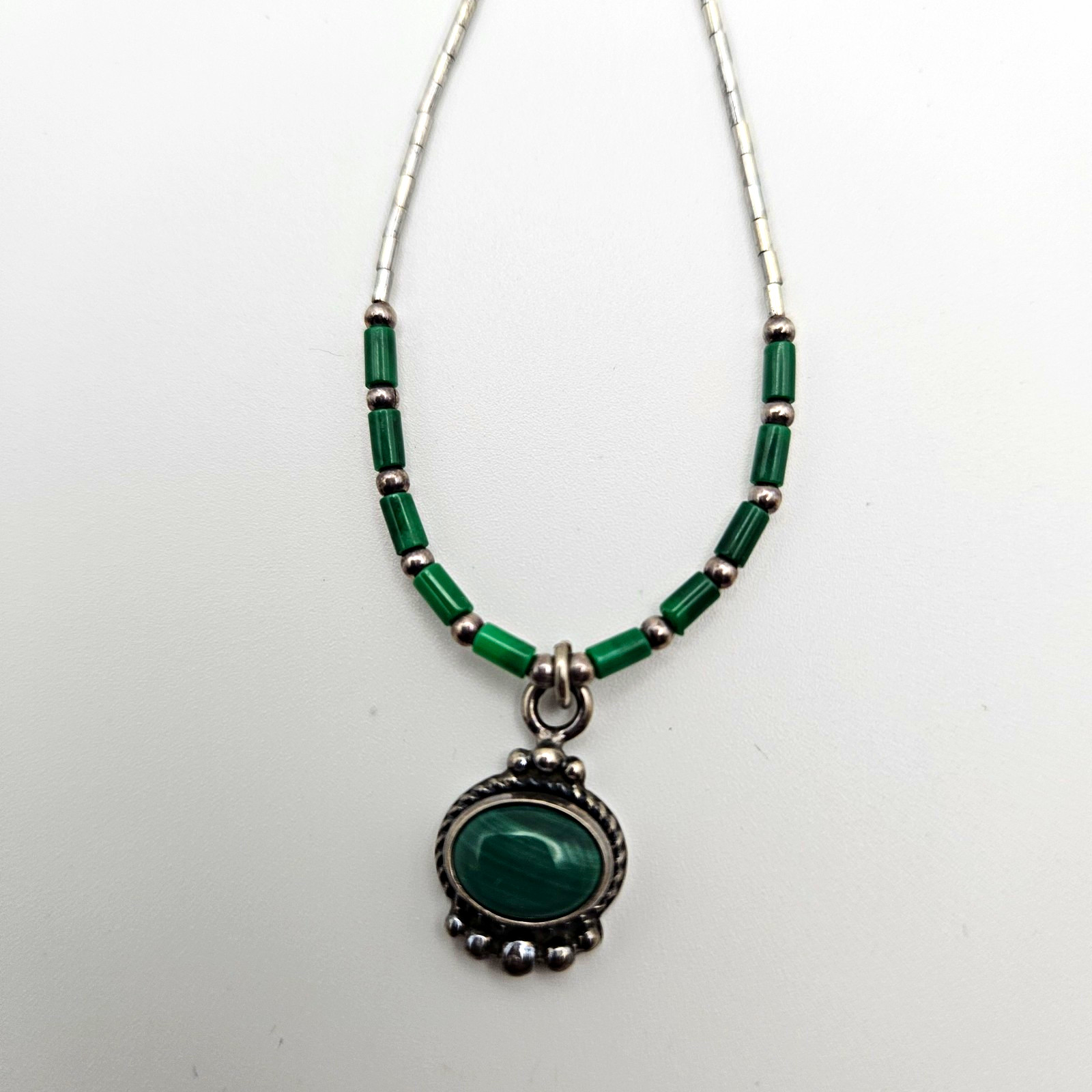 925 Sterling Silver Malachite Liquid Silver Southwestern Boho Necklace