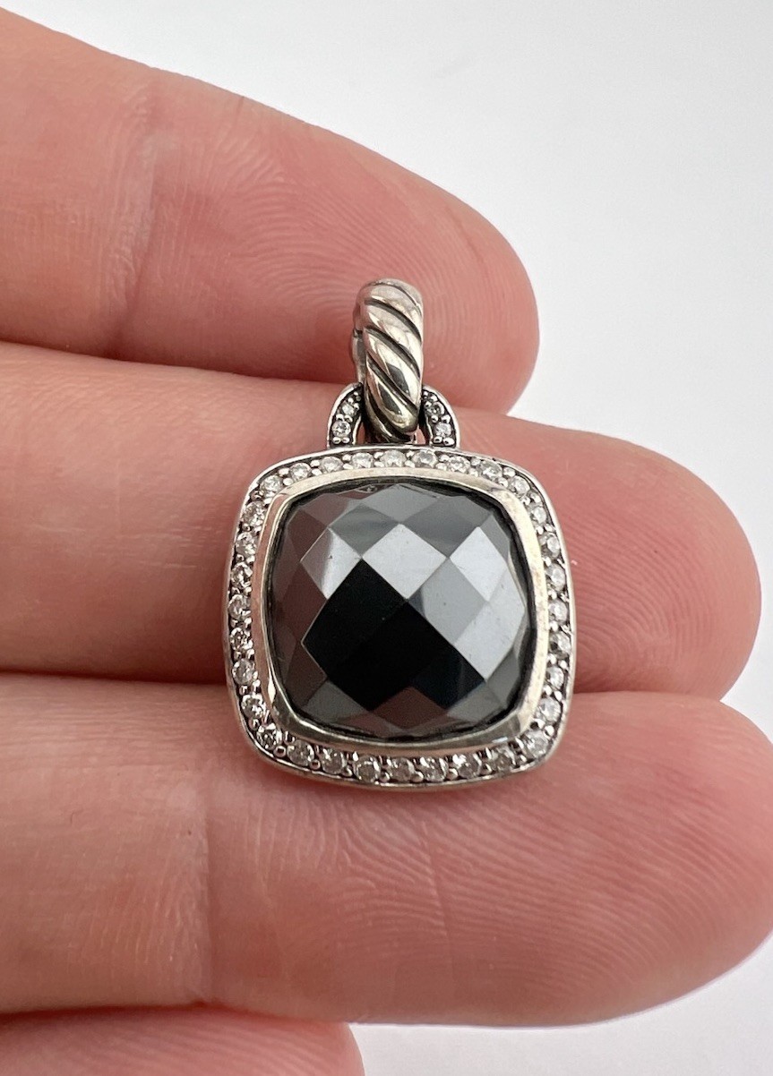 David Yurman Albion Sterling Silver Hematite & Diamond 15mm Enhancer Pendant