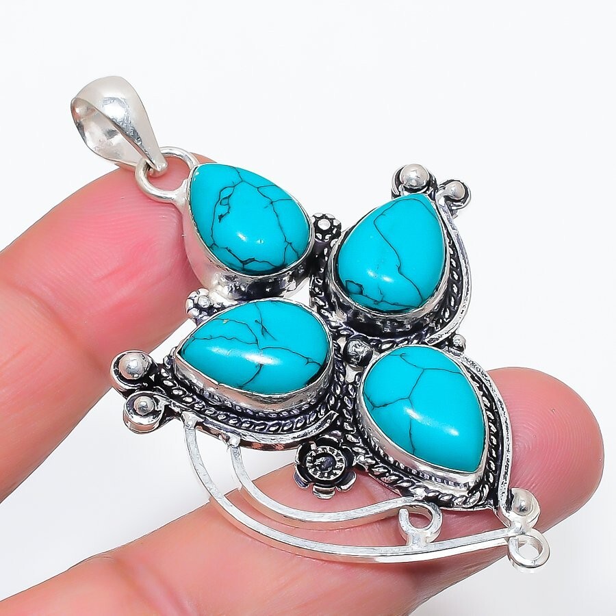 Blue Turquoise Gemstone Handmade 925 Sterling Silver Jewelry Pendant Size 2.5″