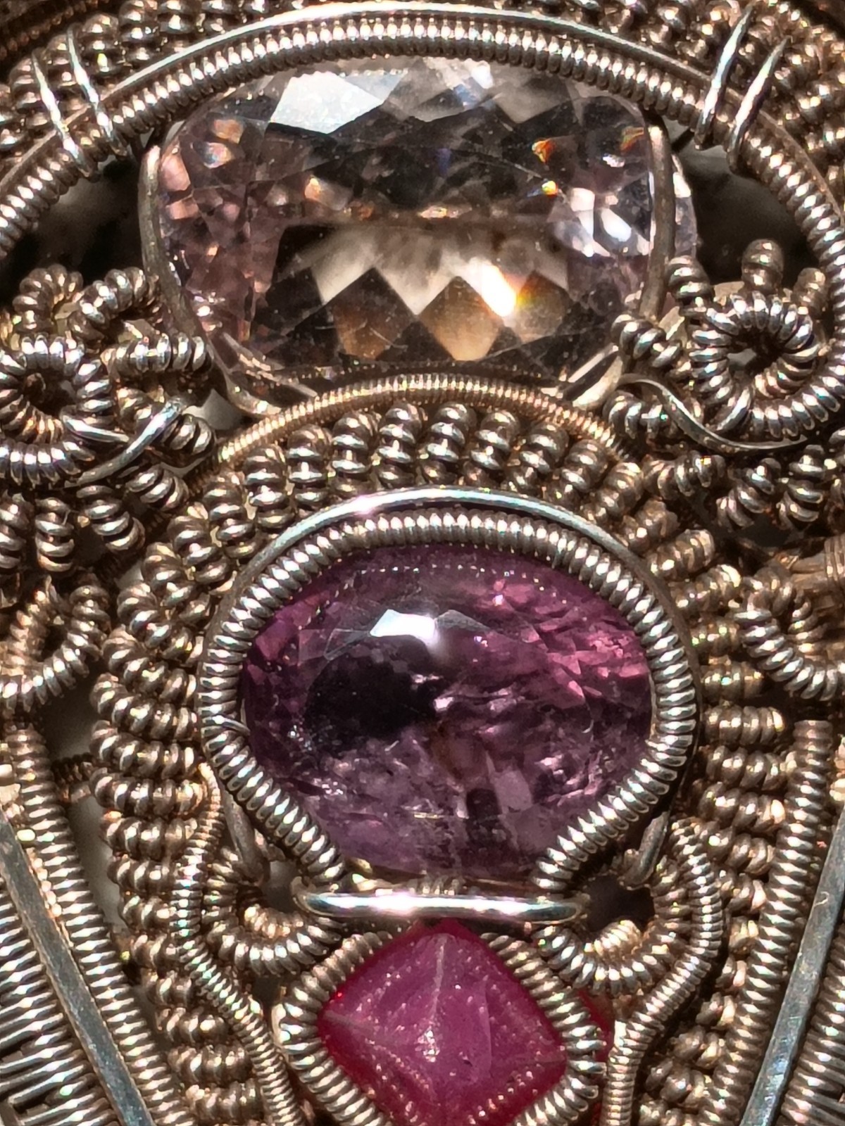 Amethyst Spinel Rose De France “Light Shield” Pendant Statement Wirewrap Art 925