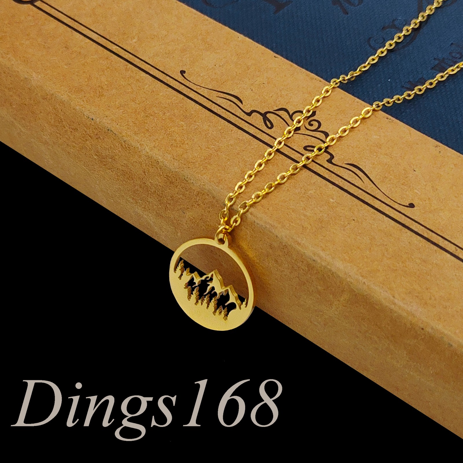 Solid 18K Yellow Gold Filled 15mm Carved Circle Pendant with Rolo Chain Necklace