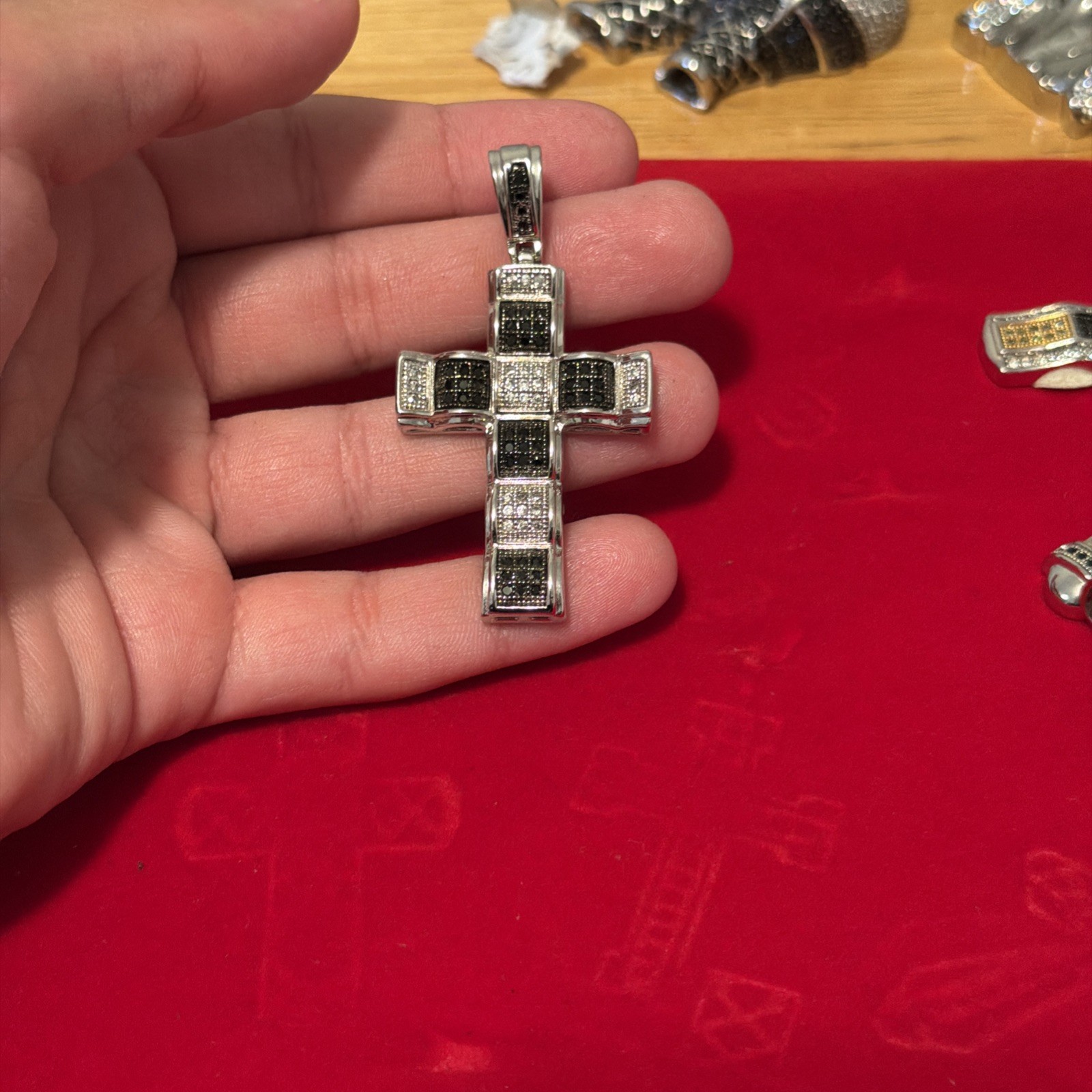 Pure Sterling Silver Cross Pendent with Black and White Cubic Zirconia Stones