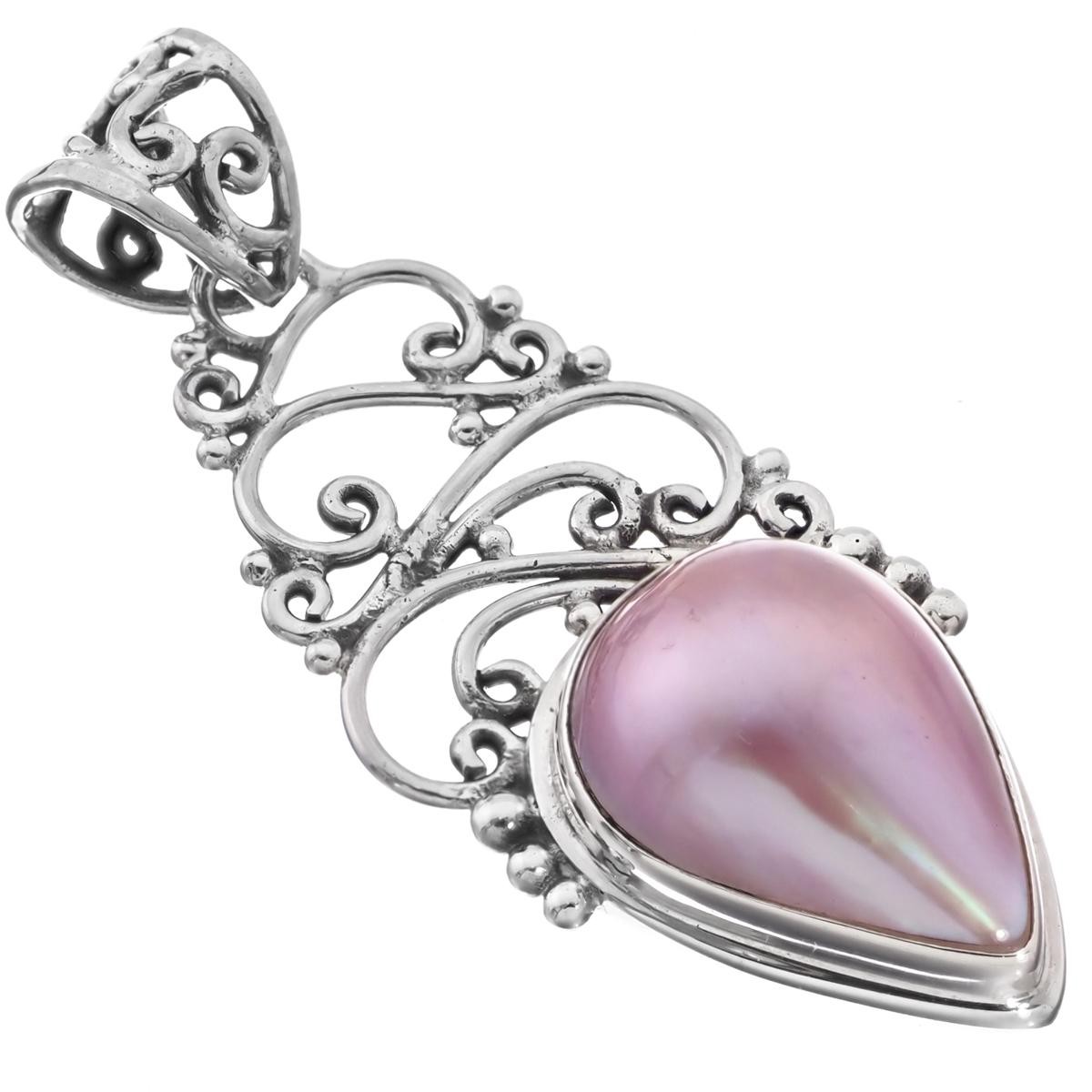 925 Sterling Silver Pink Mabe Ocean Cultured Filigree Sterling Pendant, 1 7/8″