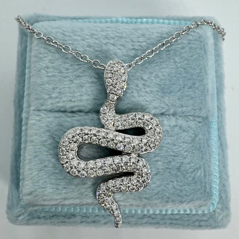 2Ct Round Cut Real Moissanite Snake Pendant 14K White Gold Plated Silver