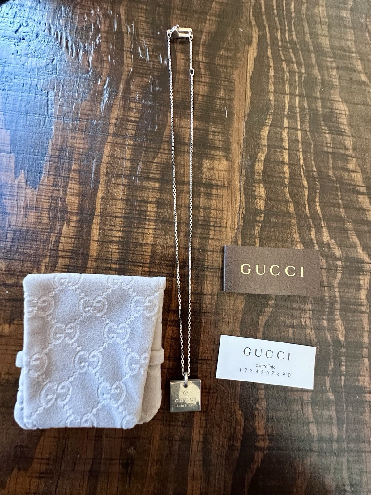 Gucci 925 Sterling Silver Square Dog Tag Pendant Cable Chain Necklace Signed