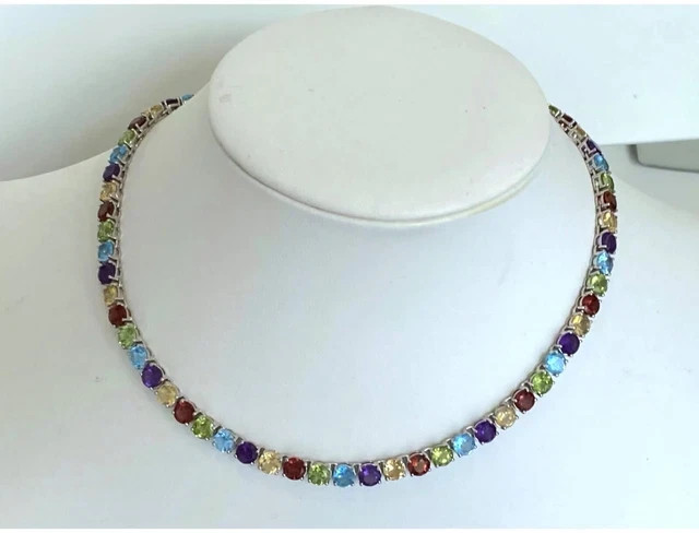 Multi Gemstone Lab Created Round Tennis Necklace 14k White Gold Plated 16″