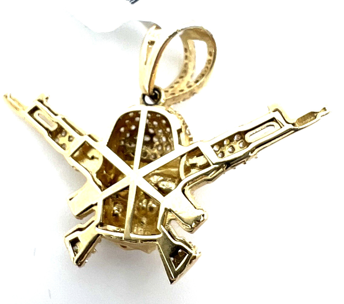 14K Solid Yellow Gold Skull Crossed Rifles Pendant CZ Pave Outlaw Guns