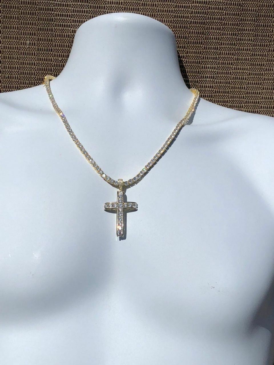 14k Gold Plated Real Solid 925 Silver Channel Set Cross CZ W. Chain Men’s ICY