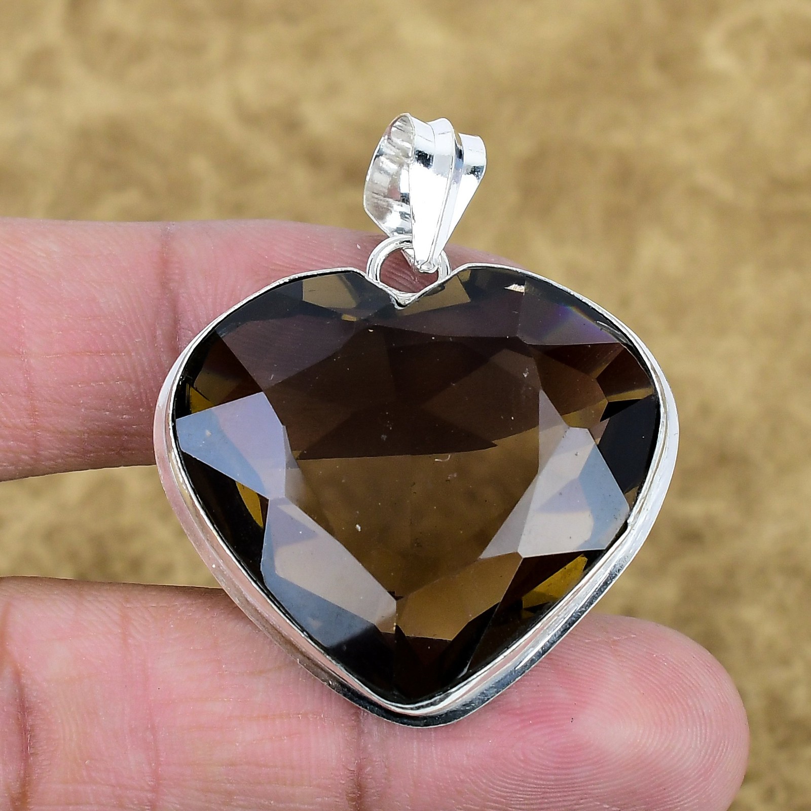 Faceted Smoky Quartz Gemstone Pendant 925 Sterling Silver Handmade Heart Jewelry