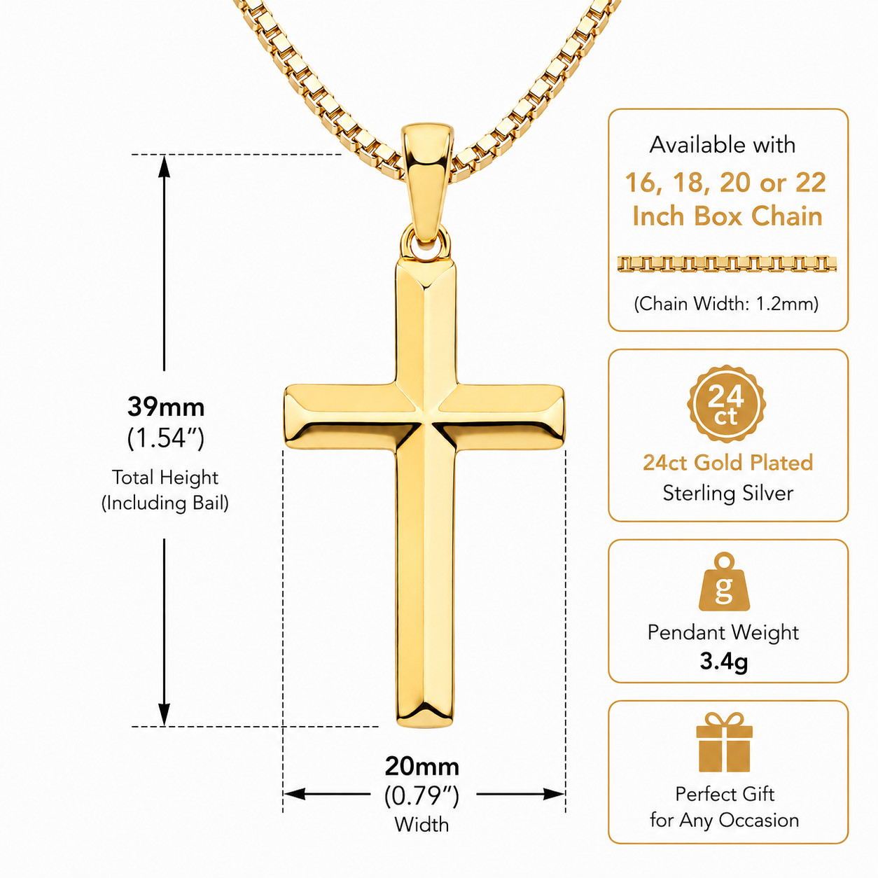 24ct Gold Plated Sterling Silver Cross Crucifix Pendant 16-22 Inch Chain