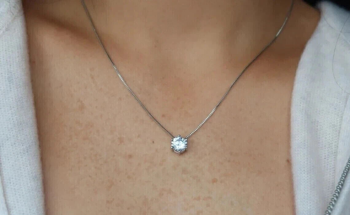 8MM Round Cut Lab-Created Diamond Solitaire Women Pendant 14K White Gold Plated.