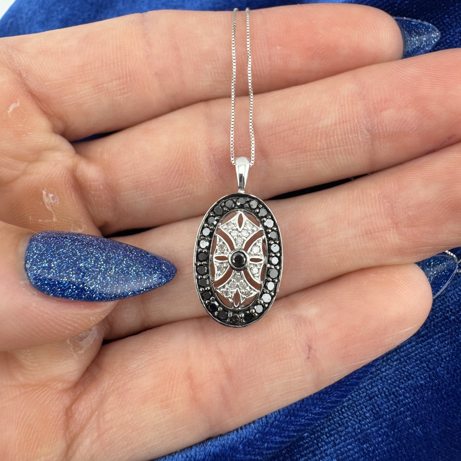 Vintage Inspired 10k White Gold Black Sapphire Diamond Pendant Necklace 18″ 2.1g