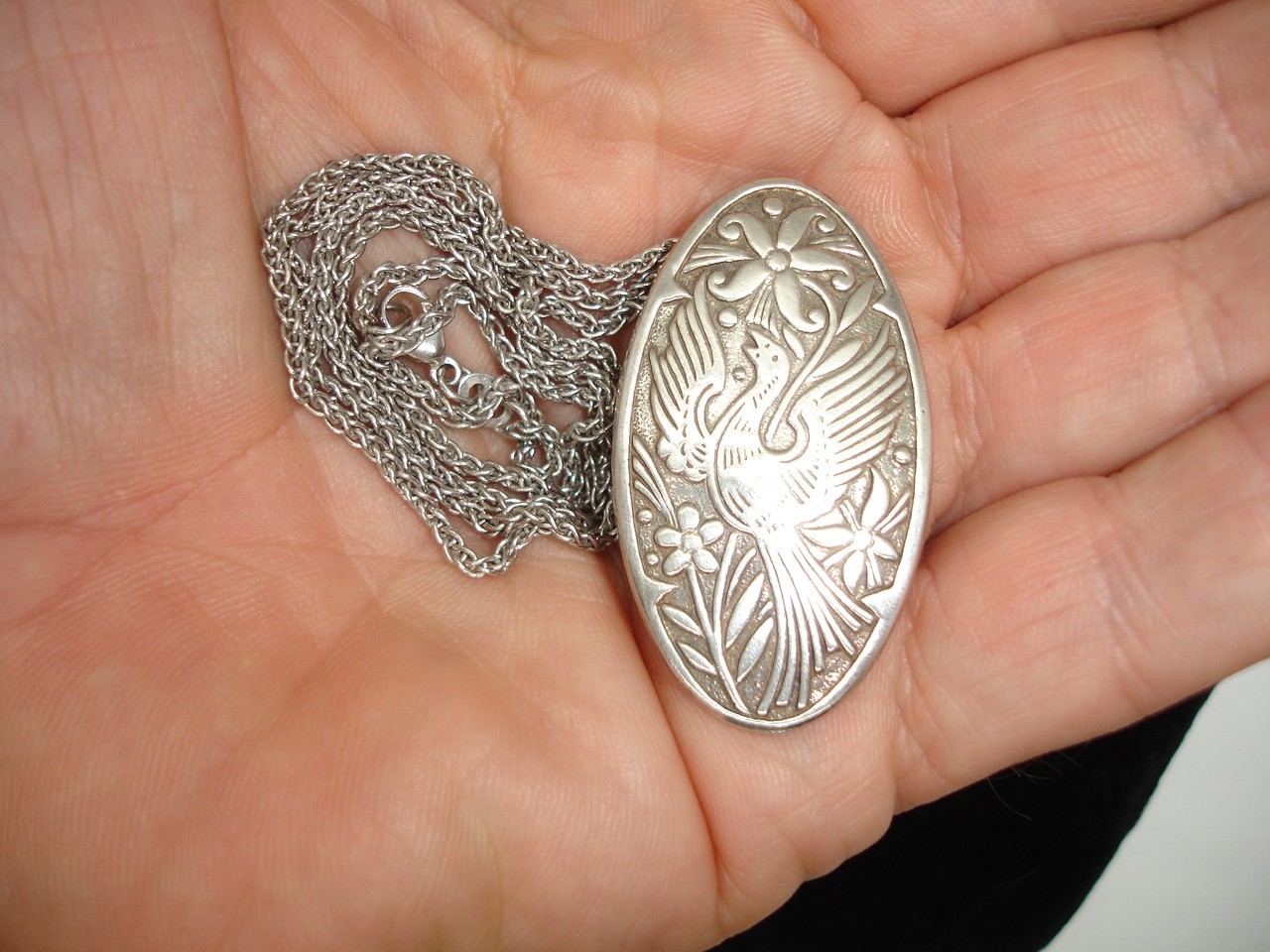 Sterling signed 20″ AVERY chain floral Quetzal BIRD PENDANT hand made medallion
