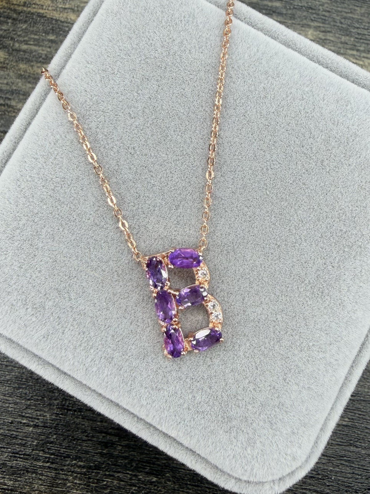 Stunning Natural Purple Amethyst Initial B 18K Rose Gold Pendant/Necklace 20 in