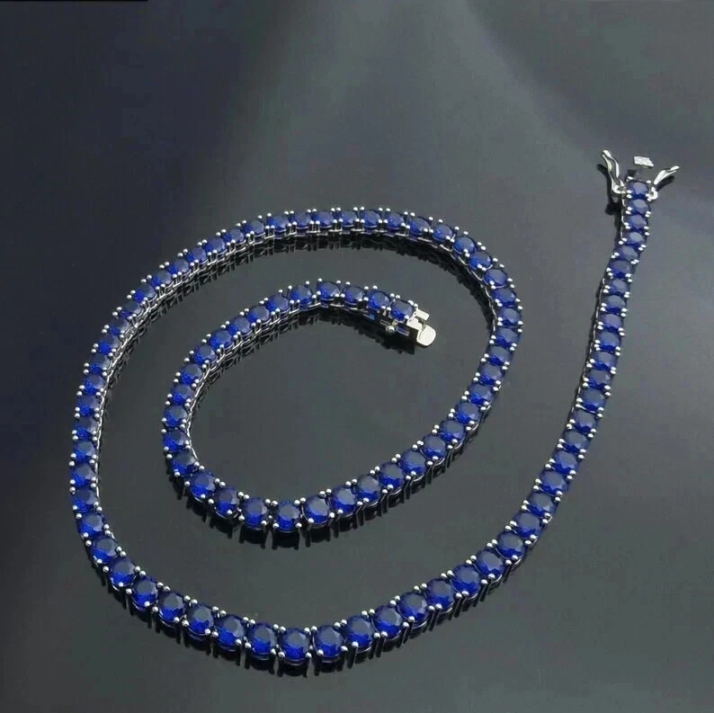 18Ct Round Cut Lab-Created Blue Sapphire Tennis Necklace 14K White Gold Plated