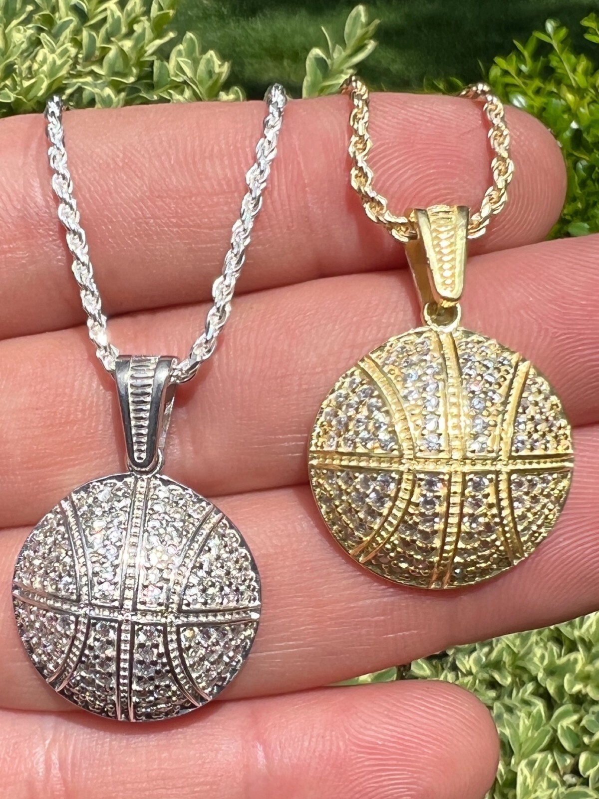 Real 925 Silver 14k Gold Plated Basketball Pendant Necklace Mens Ladies Icy CZ