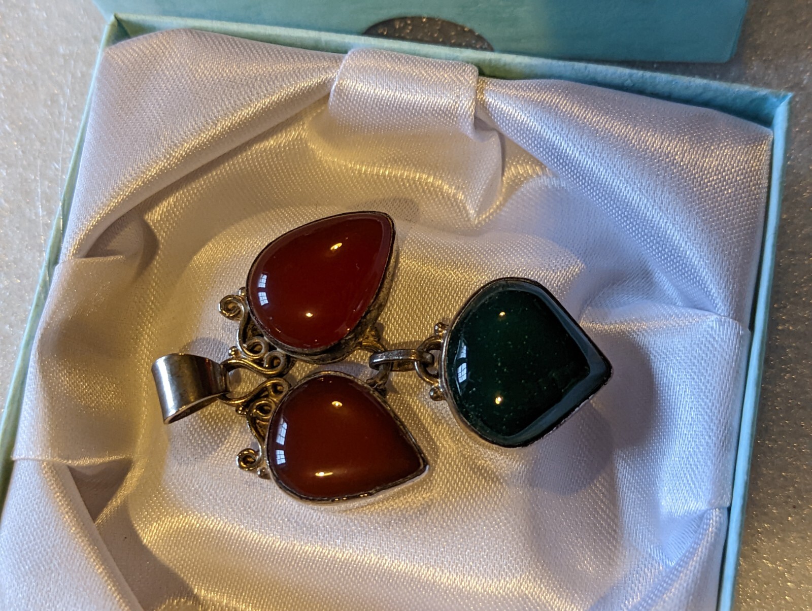 Vintage Hinged 3 Gemstone Pendant on German Silver Carnelian & Green 19g 55x35mm