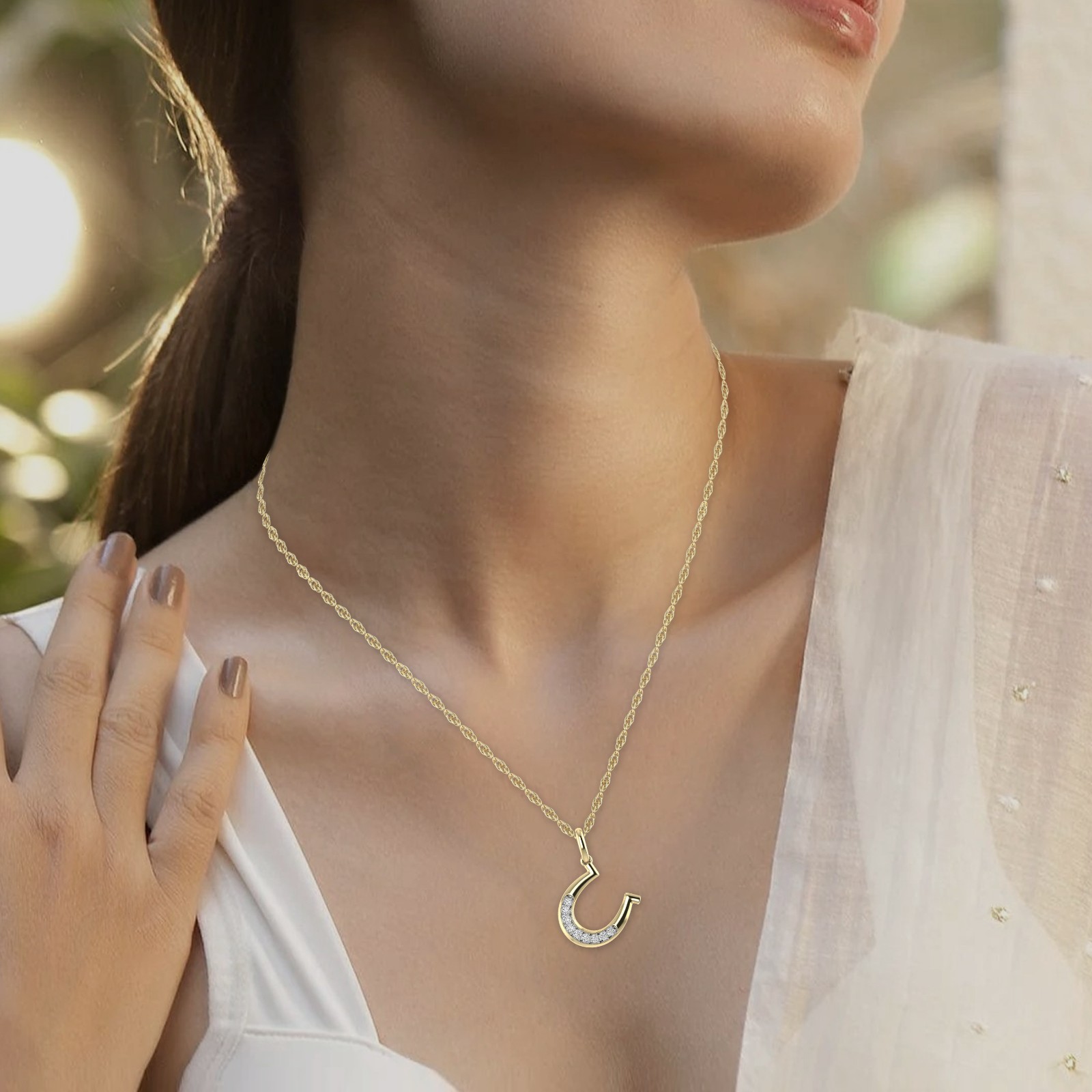 1/10 Ctw Natural Diamonds Horshoe Pendant with 18″ chain 14K Yellow Gold Plated