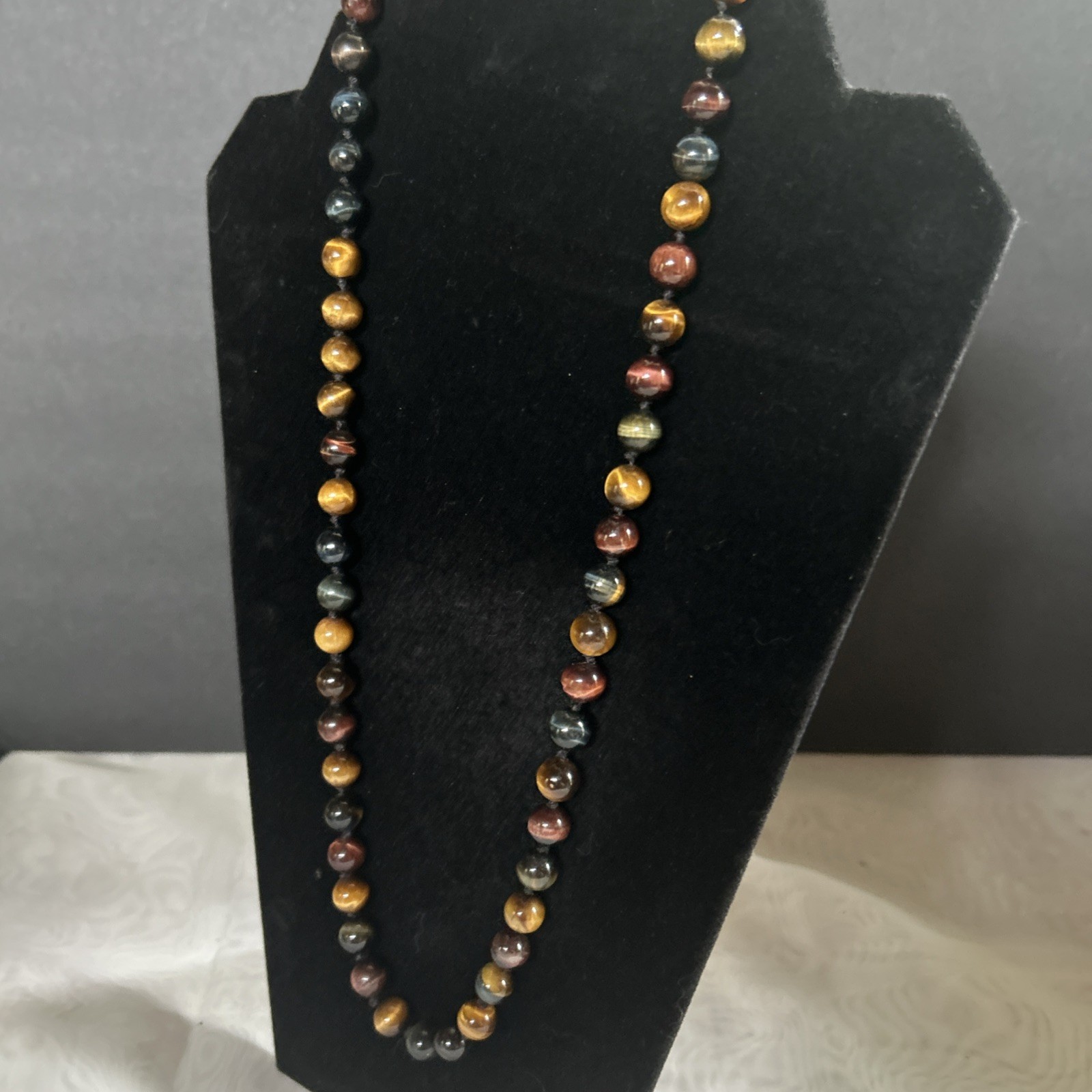 10mm Tiger’s Eye Beaded Necklace Knotted Brown, Red, Black Tones 26” Gemstone
