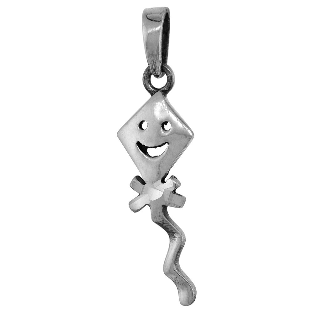 925 Sterling Silver Smiling Face Kite Charm Pendant 1 1/2 (38mm) Inch Tall