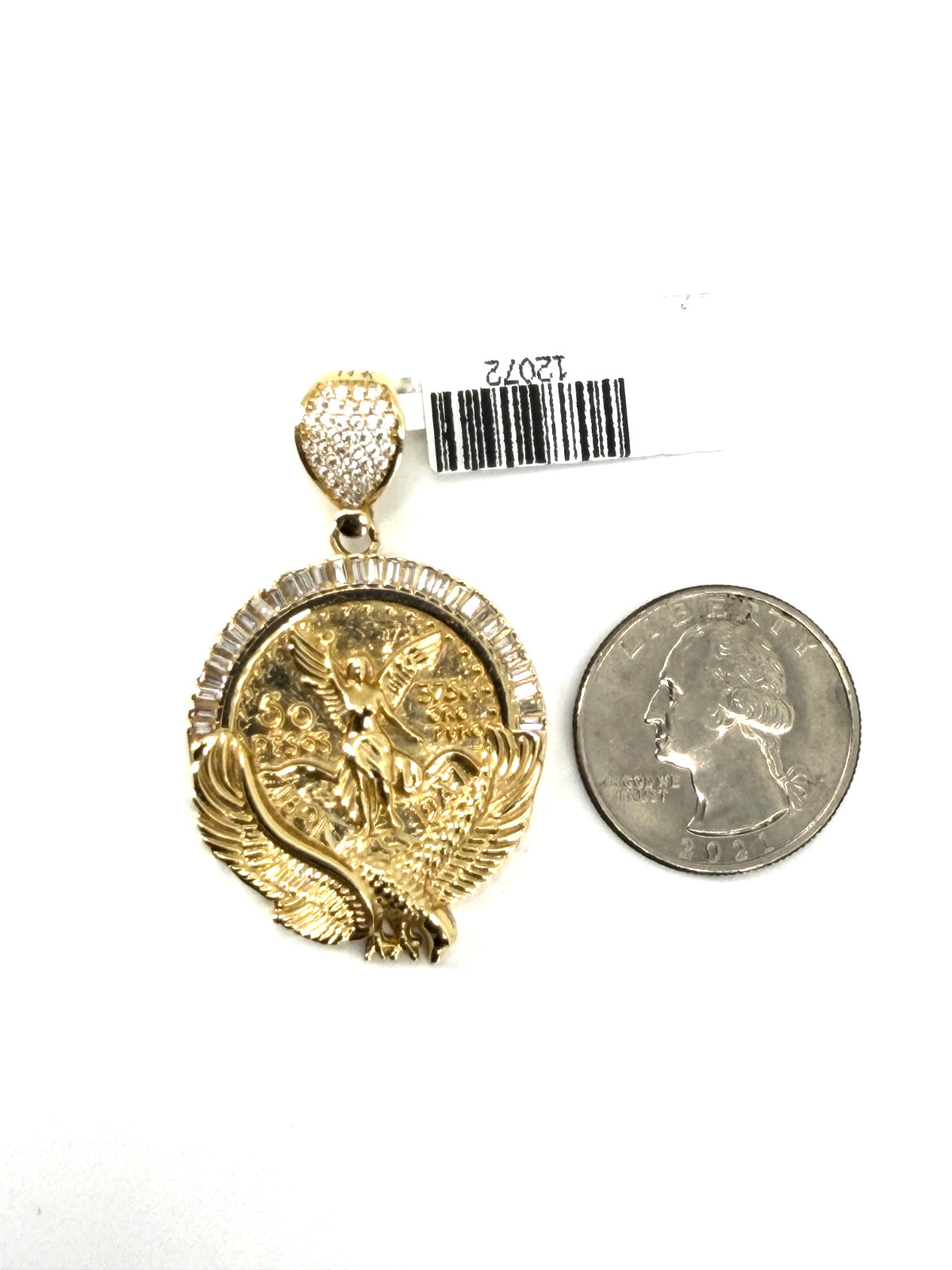 14K Solid Gold Centenario 50 Pesos Pendant Mexican Angel Eagle CZ Baguette Frame