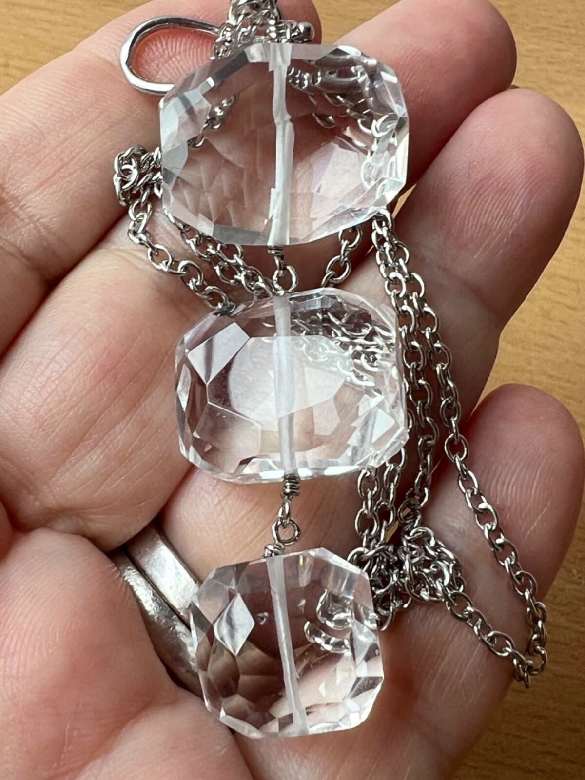ARTISAN ROCK CRYSTAL CLEAR COLORLESS QUARTZ LONG NECKLACE 925 STERLING DESIGNER