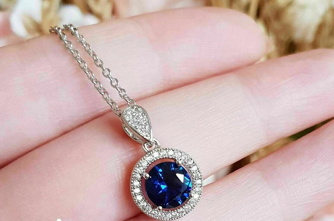 2Ct Round Cut Blue Sapphire & Diamond Pendant 14K White Gold Finish free chain