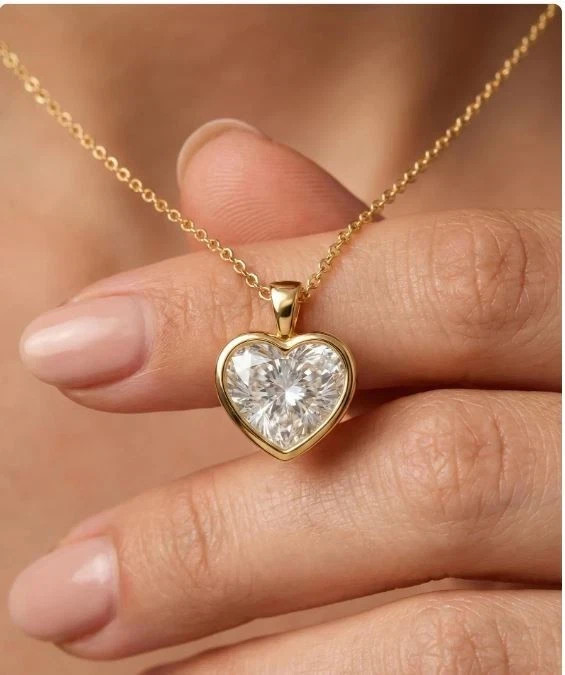 14K Yellow Gold 2.50 Ct Heart Cut Moissanite Bezel Set Wedding Pendant