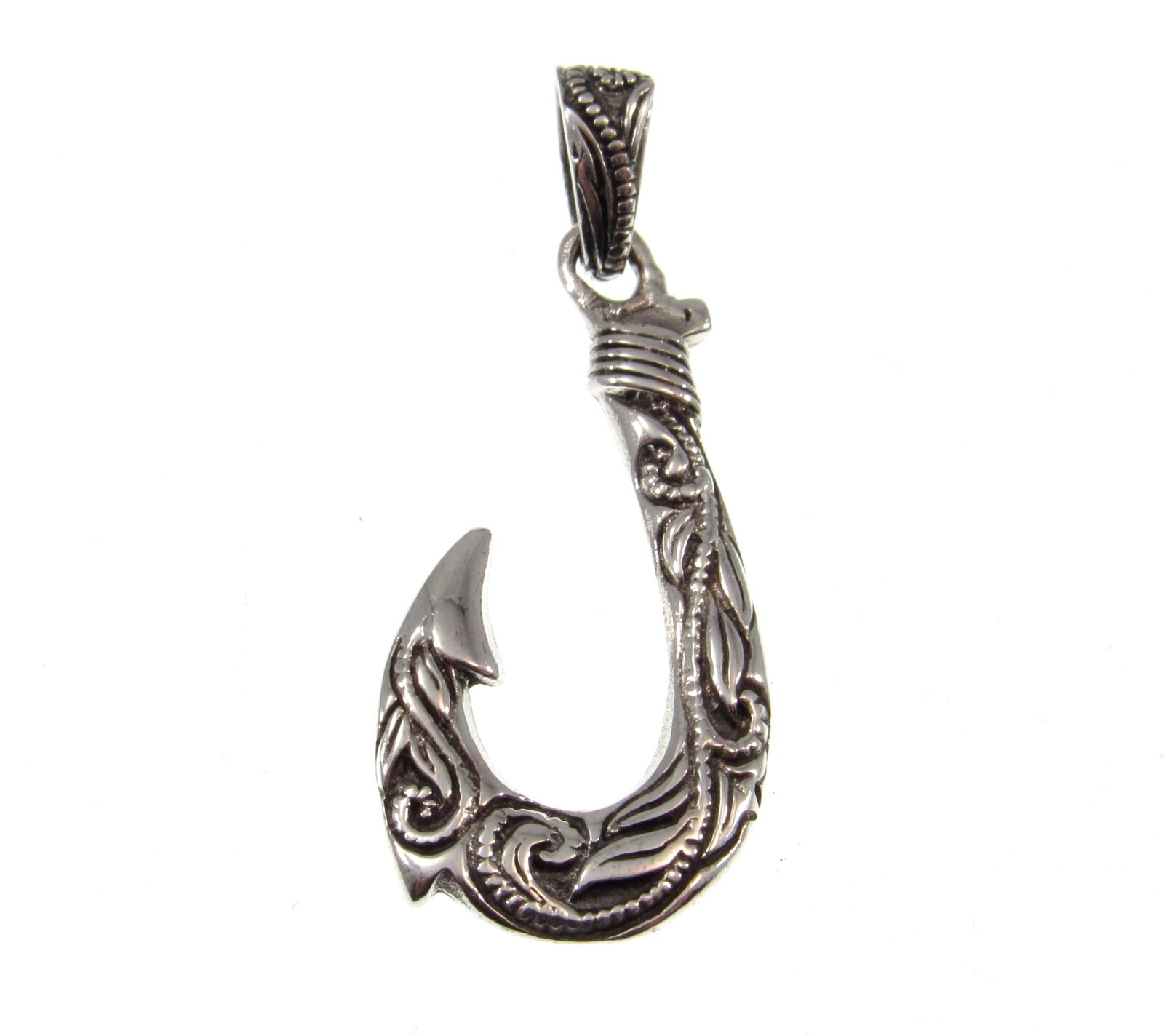 Solid 925 Sterling Silver Ornate Filigree Nautical J Hook Fish Hook Pendant
