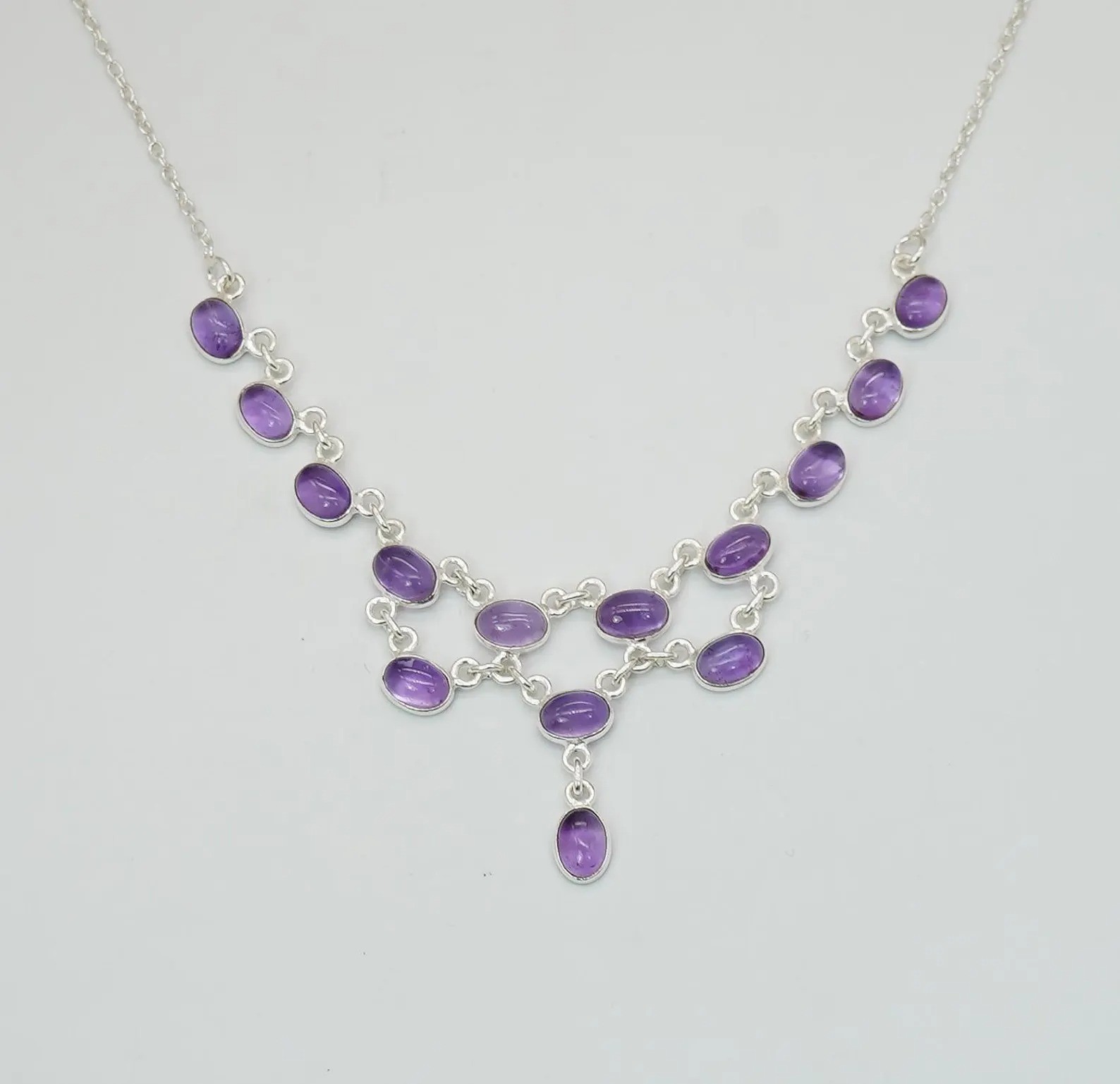 Purple Amethyst Sterling Silver Layered Gemstone Adjustable Necklace
