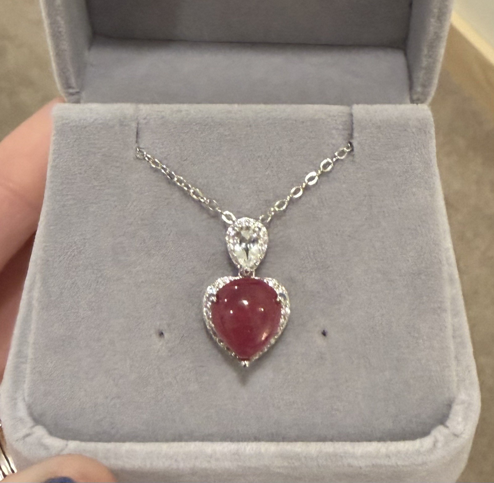 Stunning Natural Red Ruby 9x11mm & White Topaz 925 Sterling Pendant Necklace 18”