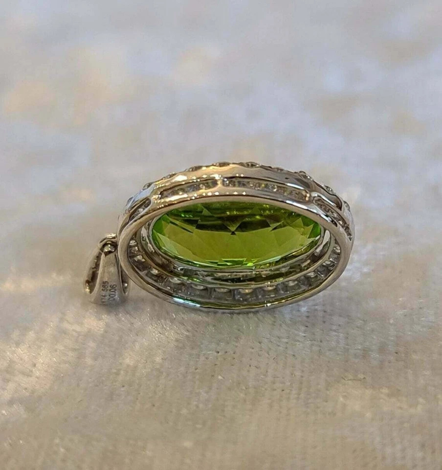 4Ct Oval lab created Peridot Diamond Halo Pendant White Gold Finish Free Chain