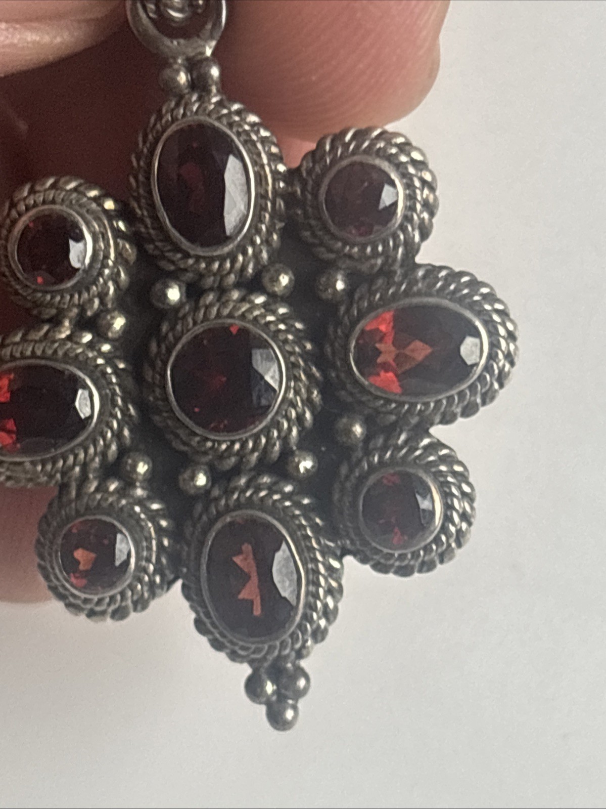 India Made Sterling Silver 925 Cluster Flower Garnet Stones Pendant 2″ Long