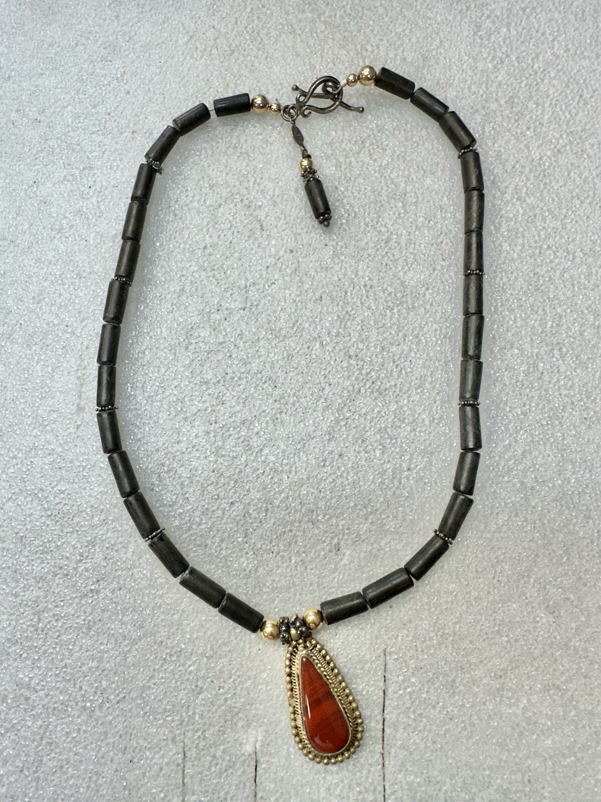 14k Yellow Gold & .925 Mixed Metal Hand Made Boho Necklace 18” W Stone Pendant