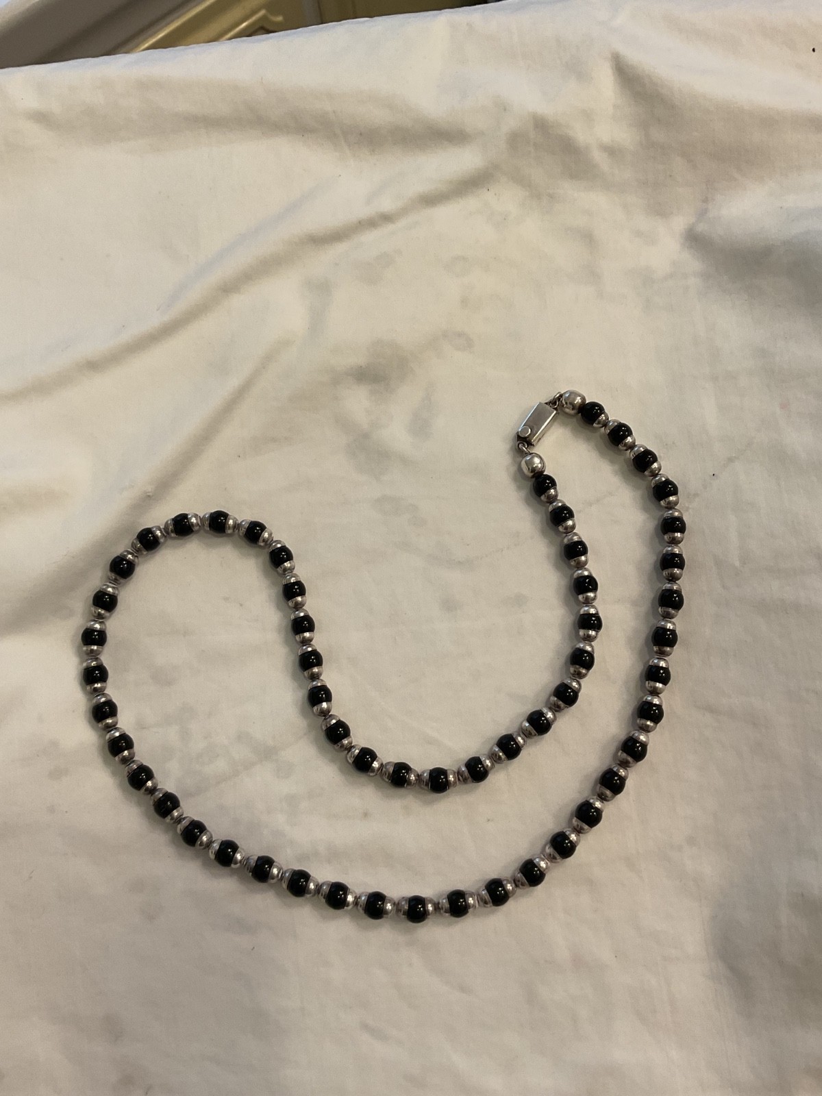 925 Sterling Silver & Black Onyx Stone Beaded 13″ Necklace