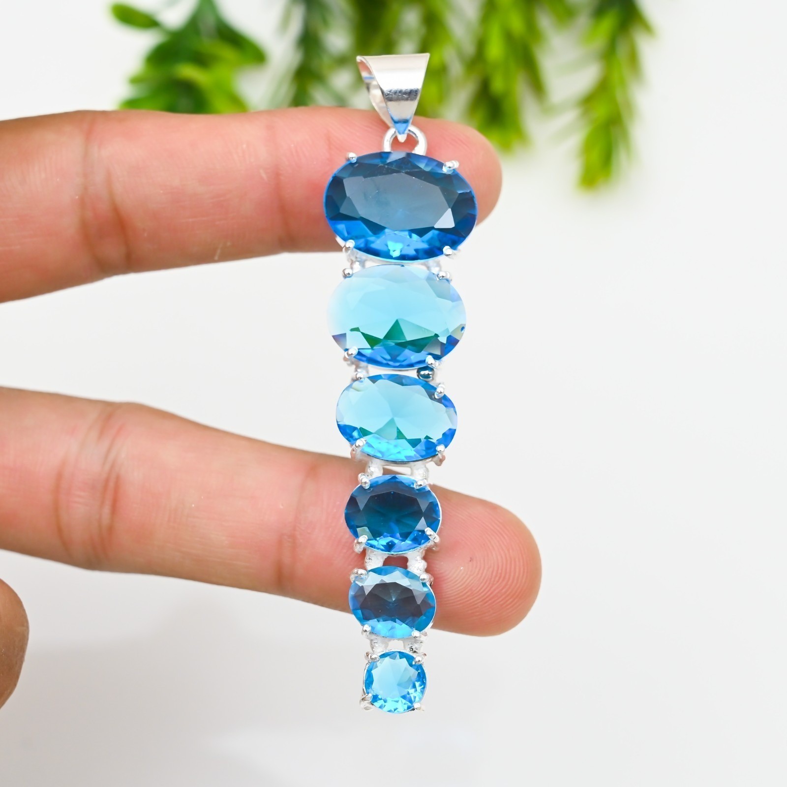 Swiss Blue Topaz Gemstone 925 Sterling Silver Pendant Handmade Jewelry