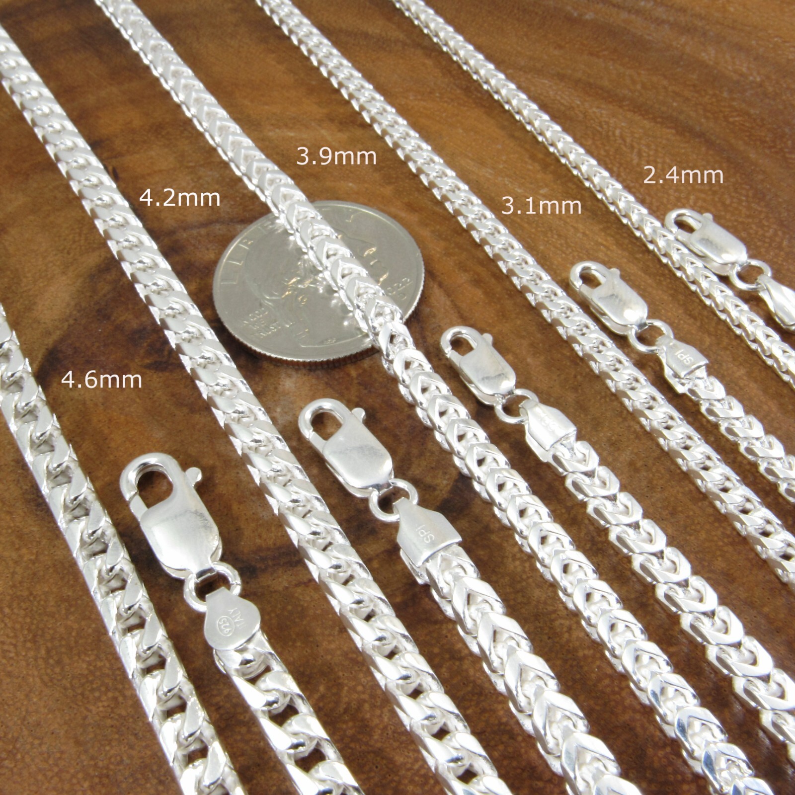 Solid 925 Sterling Silver Mens Italian Franco Link Chain, Hip Hop Jewelry, Italy