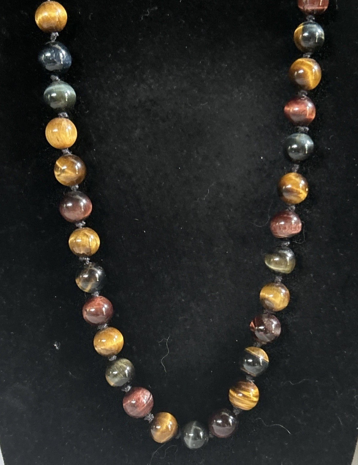 10mm Tiger’s Eye Beaded Necklace Knotted Brown, Red, Black Tones 26” Gemstone